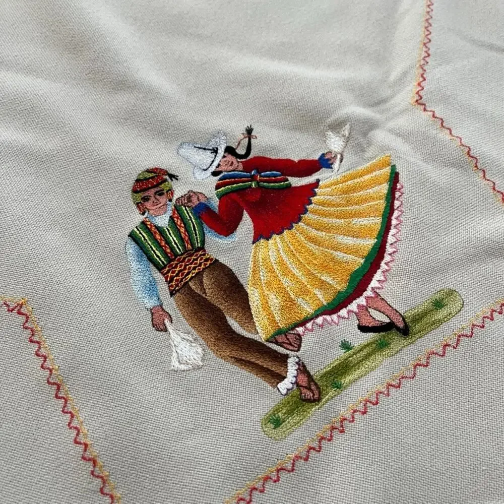 Vintage Hand-Embroidered Folk Figures & Motifs Taupe Cotton Tablecloth 52 x 70